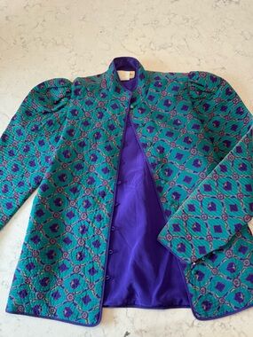 Vintage Mary McFadden Teal and Purple Quilted Blazer silk couture